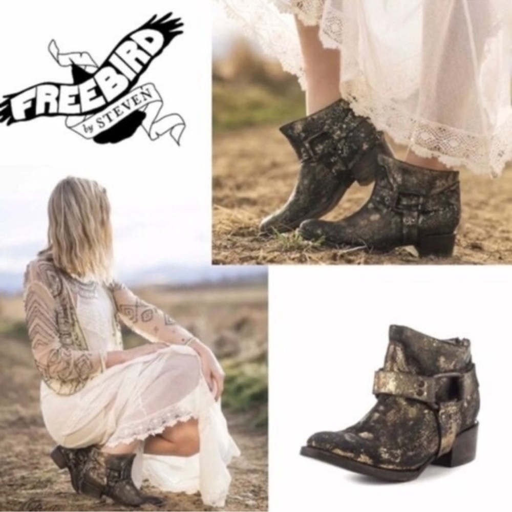 Freebird by Steven Phlow Black Gold Metallic Distressed Leather Ankle Boots 8